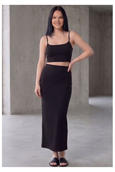 WAYS Kadın Siyah Dalgıç Kumaş Kalem Etek Maxi Boy Uzun Yırtmaçsız Düz Basic