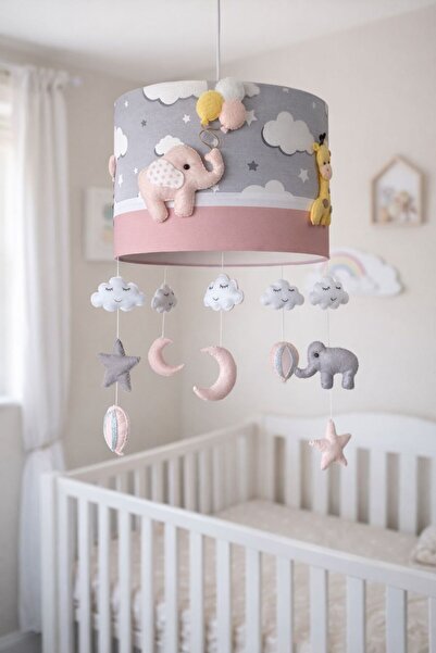 Leobabyroom Gri Bulutlu Beyaz Şerit Koyu Pudra Renk Hayvan Figürlü Çocuk/Bebe...