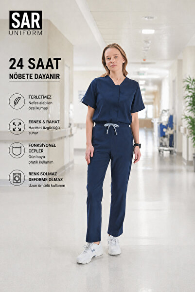 SAR TEKSTİL Σετ γυναικείων στολών Scrubs Navy Blue Lycra για νοσοκόμες και γι...