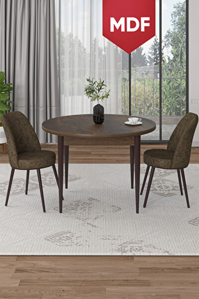 Canisa Tor Serisi MDF Yuvarlak 90x90 Barok Ahşap Desenli Sabit Masa 2 Kahvere...