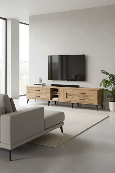 Dienni Hyperion TV Ünitesi Tek Raflı 4 Çekmeceli Tek Kapaklı 220x44x51 Çam-Çam