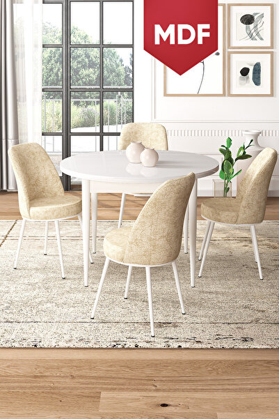 Canisa Concept Tor Serisi MDF Yuvarlak 90x90 Beyaz Sabit Masa 4 Krem Sandalye...