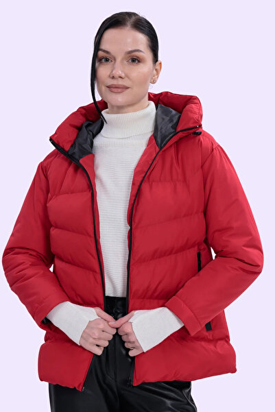 Gizrain Women's Red Hooded Inflatable Coat - Windproof Water Resistant Coat