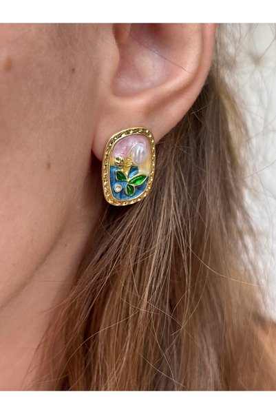 DİESMOONCO Floral Patterned Pearl Tipped Vintage Model Design Earrings