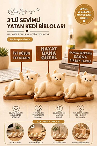 Lumis Home 3'lü Motto Kartlı Kedi Biblo Seti - Dekoratif Figür