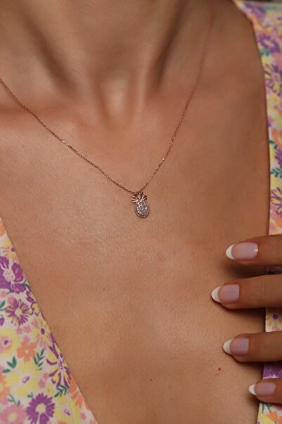 SUNSHINE 925 Ayar Rose Kaplamalı Beyaz Taşlı Minimal Ananas Gümüş Kolye