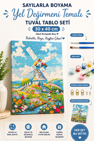 caps office Sayılarla Boyama Yel Değirmeni Temalı Tuval Tablo Seti | 30x40 cm...