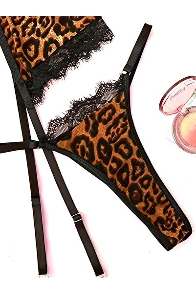 BERZÜM Kadın Leopar İç Çamaşırı Takımı 5 Parça Zincir Detaylı Seksi Gecelik F...