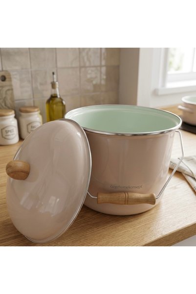 ALEV EMAYE Enamel Pot with Wooden Handle – with Lid, 18 Cm, Retro Design – 5 Lt