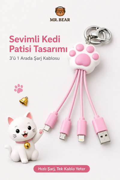 MR.BEAR Tüm Iphone ve Android Cihazlarla Uyumlu 3’ü 1 Arada Pati Figürlü Çokl...