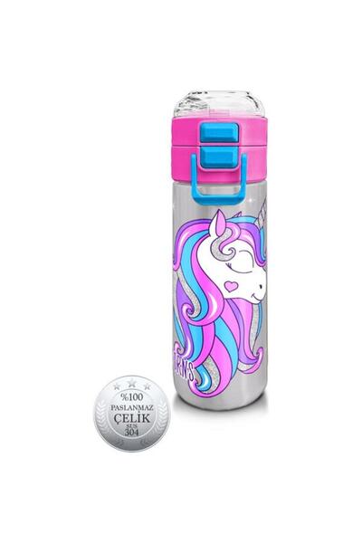 Coral High Kids Pembe Gümüş Unicorn Desenli Pipetli ve Direkt İçim Çelik Term...