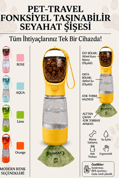 ego home Taşınabilir Kedi Köpek Suluğu 500 ml 3in 1 arada Seyahat Su Şişesi M...