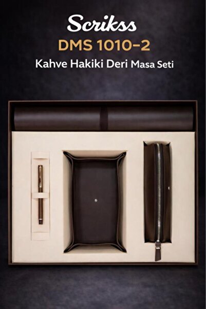 Scrikss DMS 1010-2 Lüks Kahve Hakiki Deri Masa Seti – 4’lü Premium Ofis Seti ...