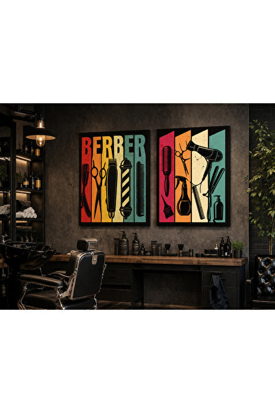 EvimeTablo Berber Duvar Dekoru 2’li Kanvas Tablo Seti – Retro Berber Temalı R...