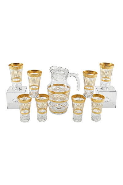 Tımmy Glassware Set 220ML Goblets with 1620ML Jug Gold Decorative Premium Bev...