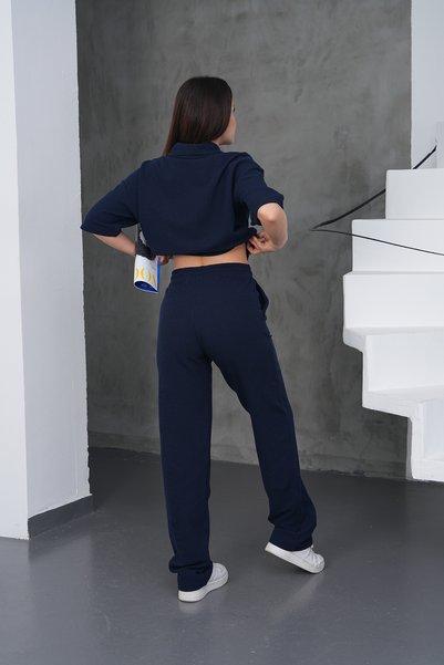 DI LORIA Women's Navy Blue Relaxed Fit Zippered Sweat Pants Set