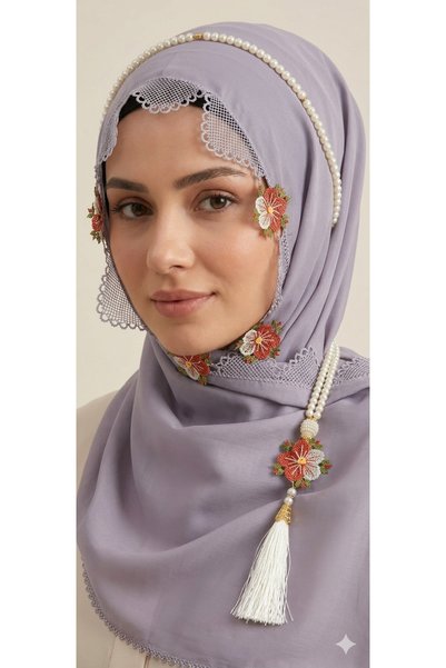 NUMİSTORE Needlepoint Gray Color Prayer Rug with Prayer Beads