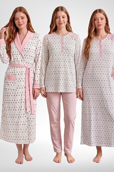 Mecit Pijama Mecit 6360 Pembe Kadın Sabahlık Pijama Gecelik Set