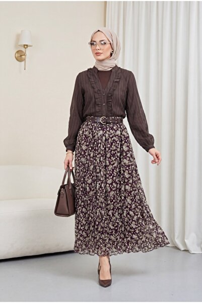HİJABAYA V-Neck Front Ruffled Tensel Yari Sheer Bouquet Shirt
