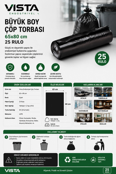VISTA Endüstriyel Büyük Boy Çöp Torbası 65x80 cm 25 Rulo