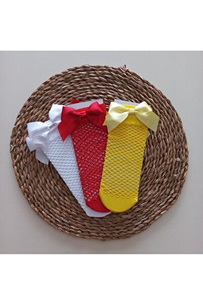 MARS BABY KIZ BEBEK KIRMIZI BEYAZ SARI FİLE ÇORAP SET