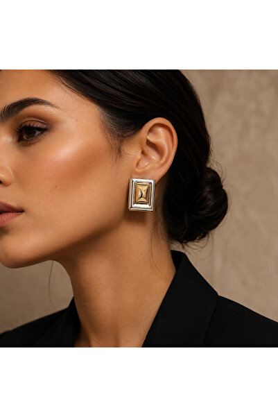 Selay Accessory Çift Renk Geometrik Küpe – Gold & Gümüş Detaylı Kare Küpe