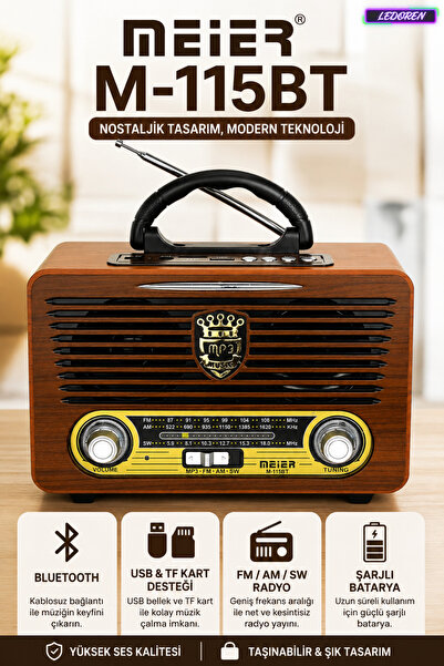 L'eDoren Meier M-115 Bt Bluetooth Radyo VINTAGE RETRO RADYO ŞARLI ve PİLLİ