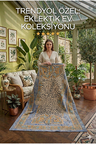 kilim home Leopar Postu Şeklinde Desenli Halı - Bohem Etnik Turkuaz Çerçeveli...