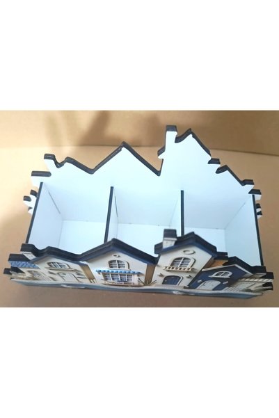 TuraLazerKesim Wooden Blue and White Houses Desktop Pen Holder Pen Case and Organizer (25X16 cm)