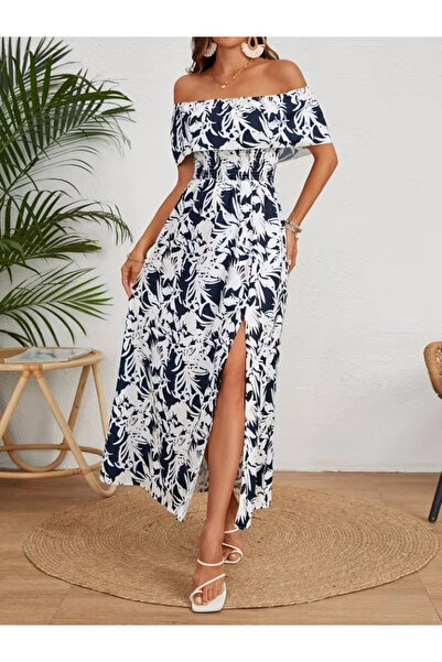 Butik فستان نسائي طويل من قماش السوبر جيرسيه بفتحة عند الكتفين وياقة مادونا و...