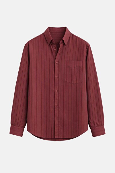 VAMOSCLO Modal Kumaş Çizgili Oversize Gömlek Bordo