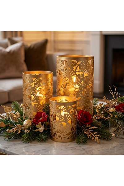 Souq DESIGNS Hurricane Candle Holder Set of 3 – Gold Tropical Leaf Metal Pill...