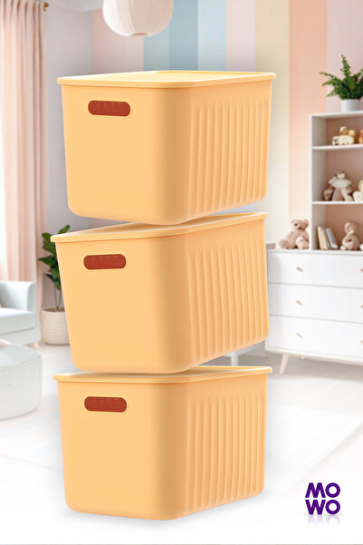 Mowo Home BigBox 20 Lt 3'lü Sarı Dolap Düzenleyici Kapaklı Saklama Kutusu Sepet Organizer Oyuncak kutusu