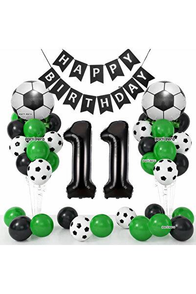 parti pera 11 Yaş Futbol Temalı Doğum Günü Balon Seti Siyah Yeşil Futbol Bask...