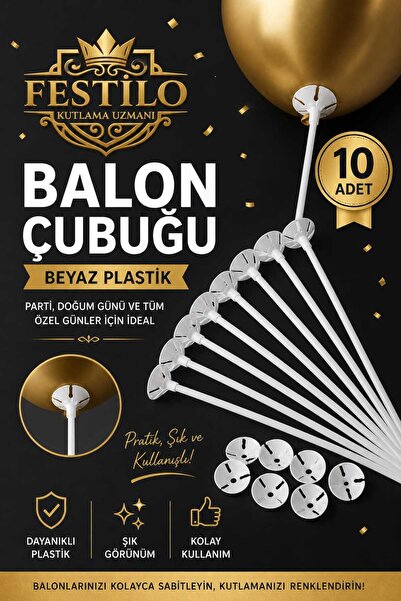 FESTİLO Balon Çubuğu 10 Adet Beyaz Plastik Balon Tutacağı Parti Organizasyon ...