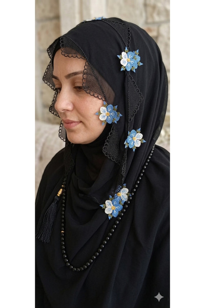 NUMİSTORE Needlework Black Color Prayer Rug with Prayer Beads