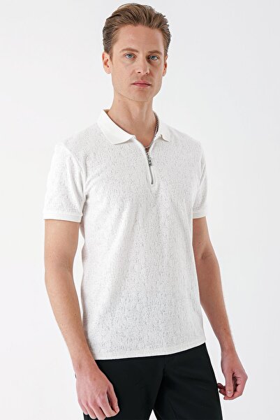 Efor Slim Fit %100 Pamuk Fermuarlı Polo Yaka Ekru Tişört TS 877