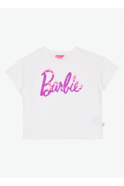 Barbie Beyaz - Pembe Kız Çocuk Payetli T-Shirt BRB6SG-TST6020