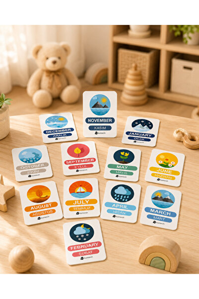 karbonsoft Ahşap İngilizce Türkçe Mevsim Kartları-Ingilizce Eğitim Seti Ingilizce Öğrenme Kartları Montessori