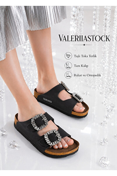 Valeriiastock New Season Stone Buckle Slippers Double Buckle Black Color