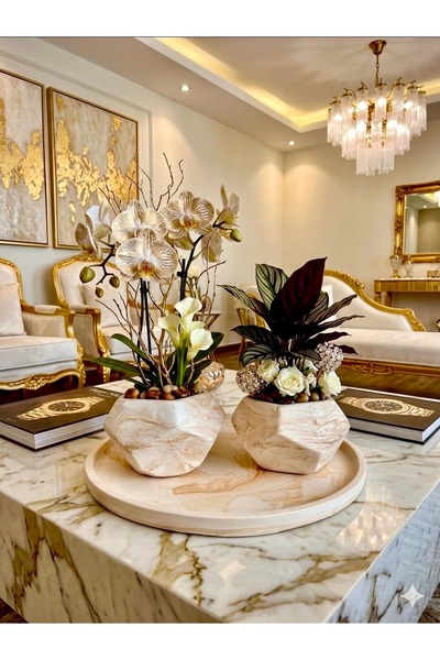 StoneVia Mermer Desenli Dekoratif Tepsi & Saksı Seti – Modern Beyaz Salon Şık...