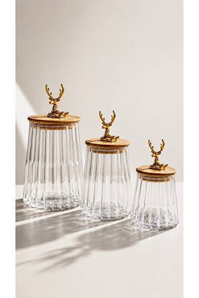 Maloria Bamboo Gold Deer Lid Crystal Transparent Conical Striped Glass Jar | ...