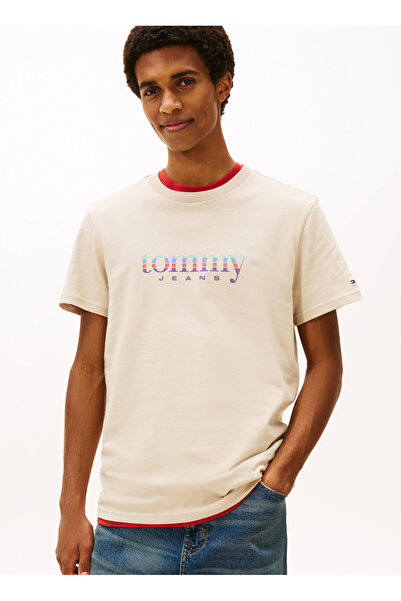 Tommy Jeans Bej Erkek T-Shirt DM0DM22333ABY TJM SLIM ENTRY DNA SS