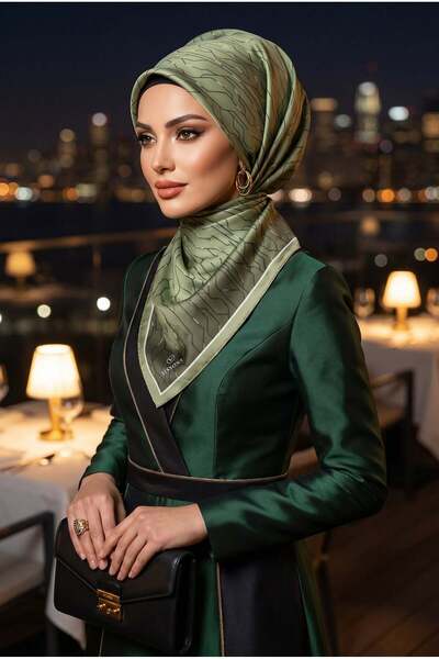 100% Twill Silk Geometric Patterned Peanut Green Color 90x90 Scarf Sewing Shape : Hand Sewing