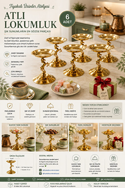Fiyakalı Ürünler Atölyesi 6'lı Atlı Gold Lokumluk, Çay Ve Kahve Yanı Sunumluk...