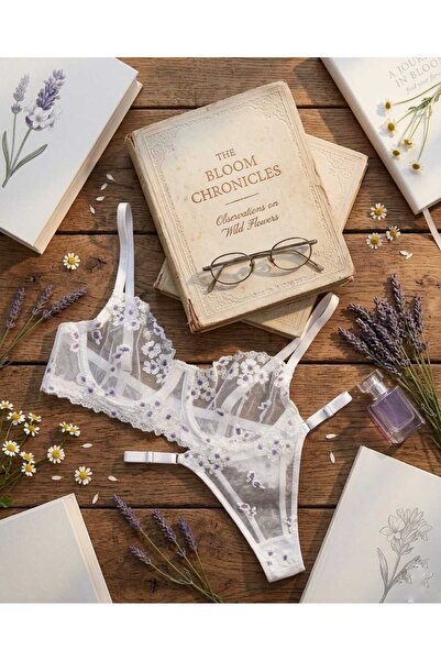 La Linaa Set sutien cu chiloți tanga cu model floral alb Romashka