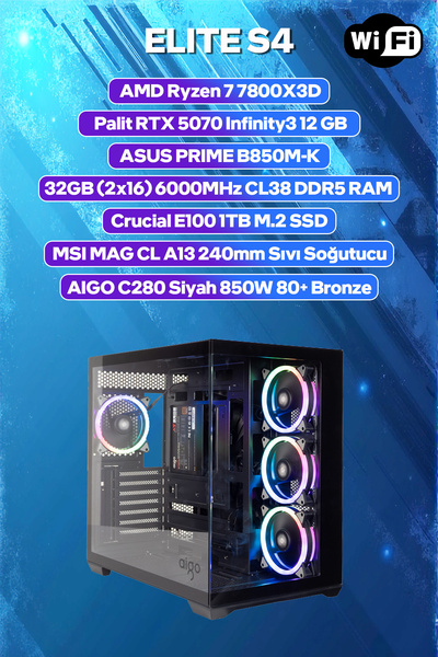 Game Garaj Elite S4 AMD Ryzen 7 7800X3D 32GB RAM 1TB SSD RTX5070 240mm Sıvı S...