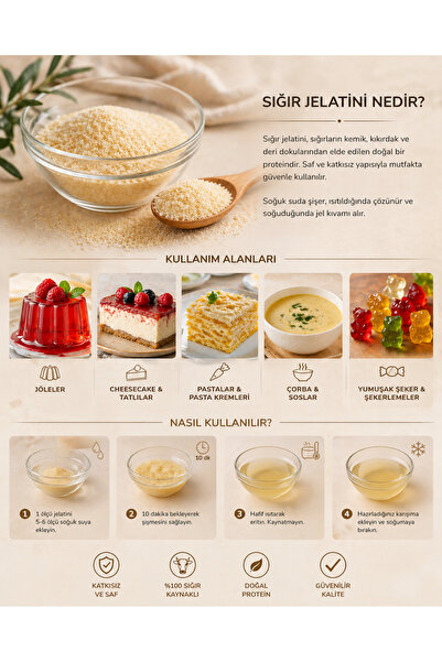 TİJDA Sığır Jelatini 1000 gr (%100 SAF, TOZ JELATİN) Helal Sertifikalı