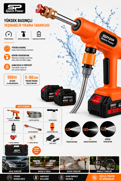 Spech Power 2X Akülü Basınçlı Bahçe  Araç Yıkama / Sulama Makinesi 999 Vf 30 ...