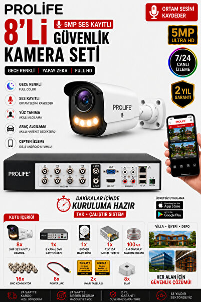 PROLİFE 8’li 5 MP Ses Kayıtlı Güvenlik Kamerası Seti Gece Renkli Yapay Zeka F...